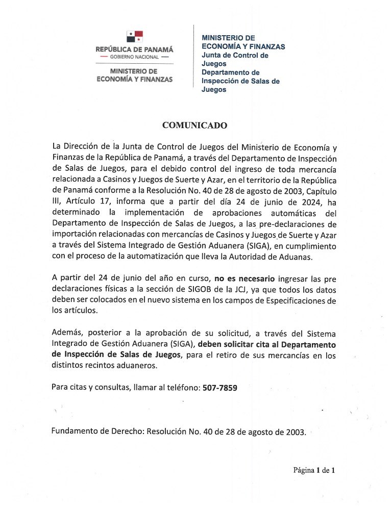 comunicado sala de juegos