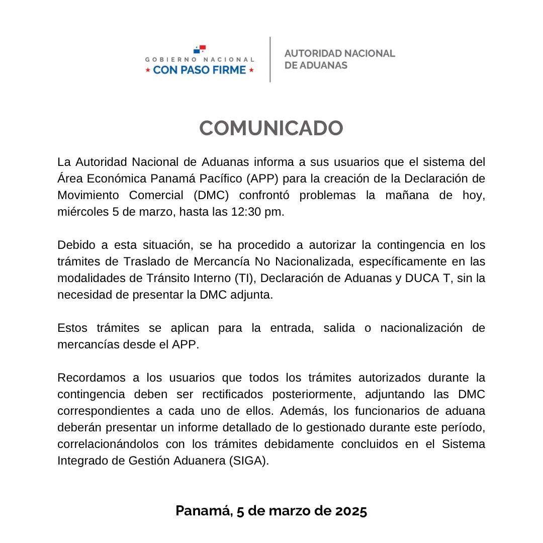 Comunicado 5 de Marzo de 2025 - contingencia en los trámites de Traslado de Mercancía No Nacionalizada