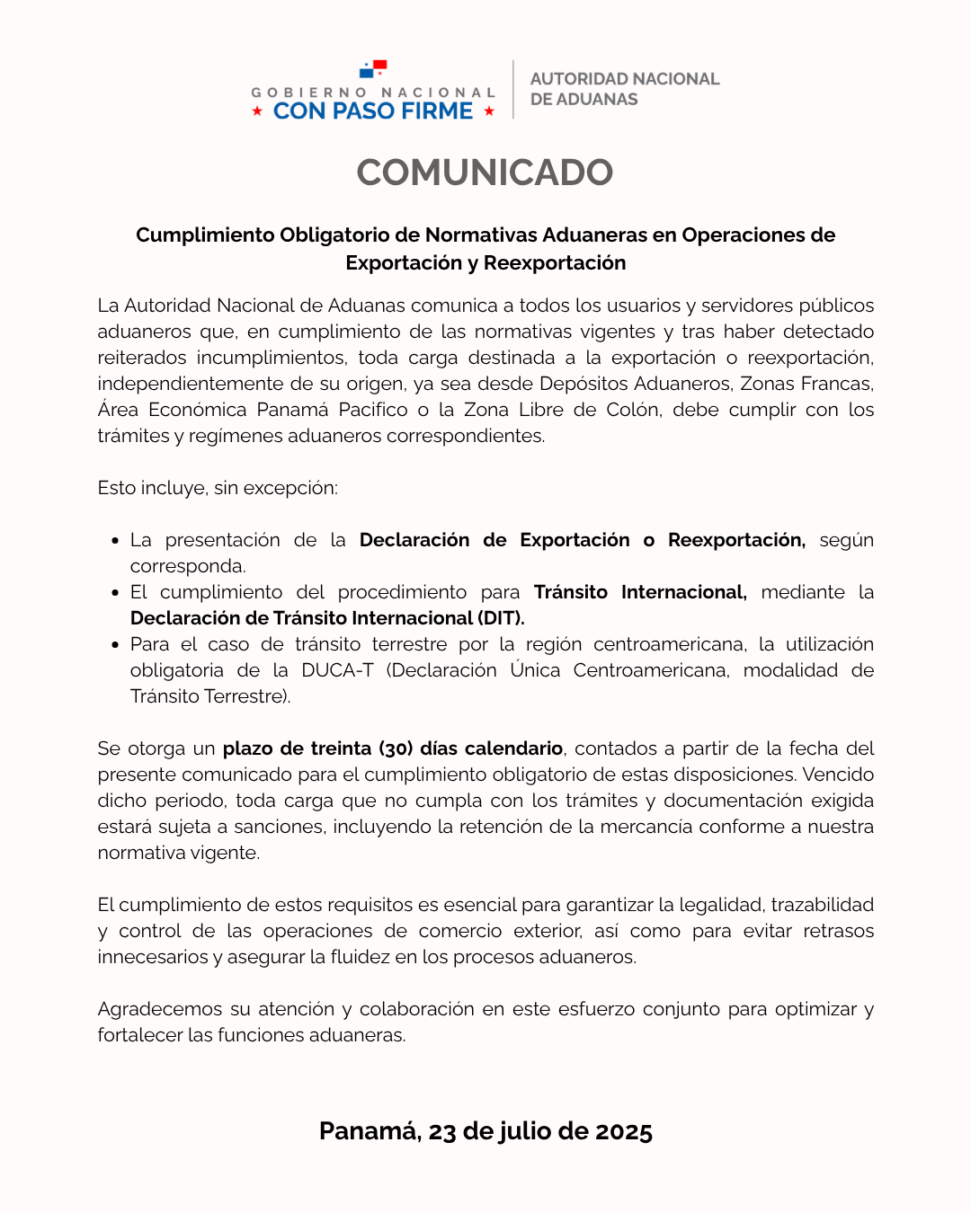 normativa aduanera comunicado