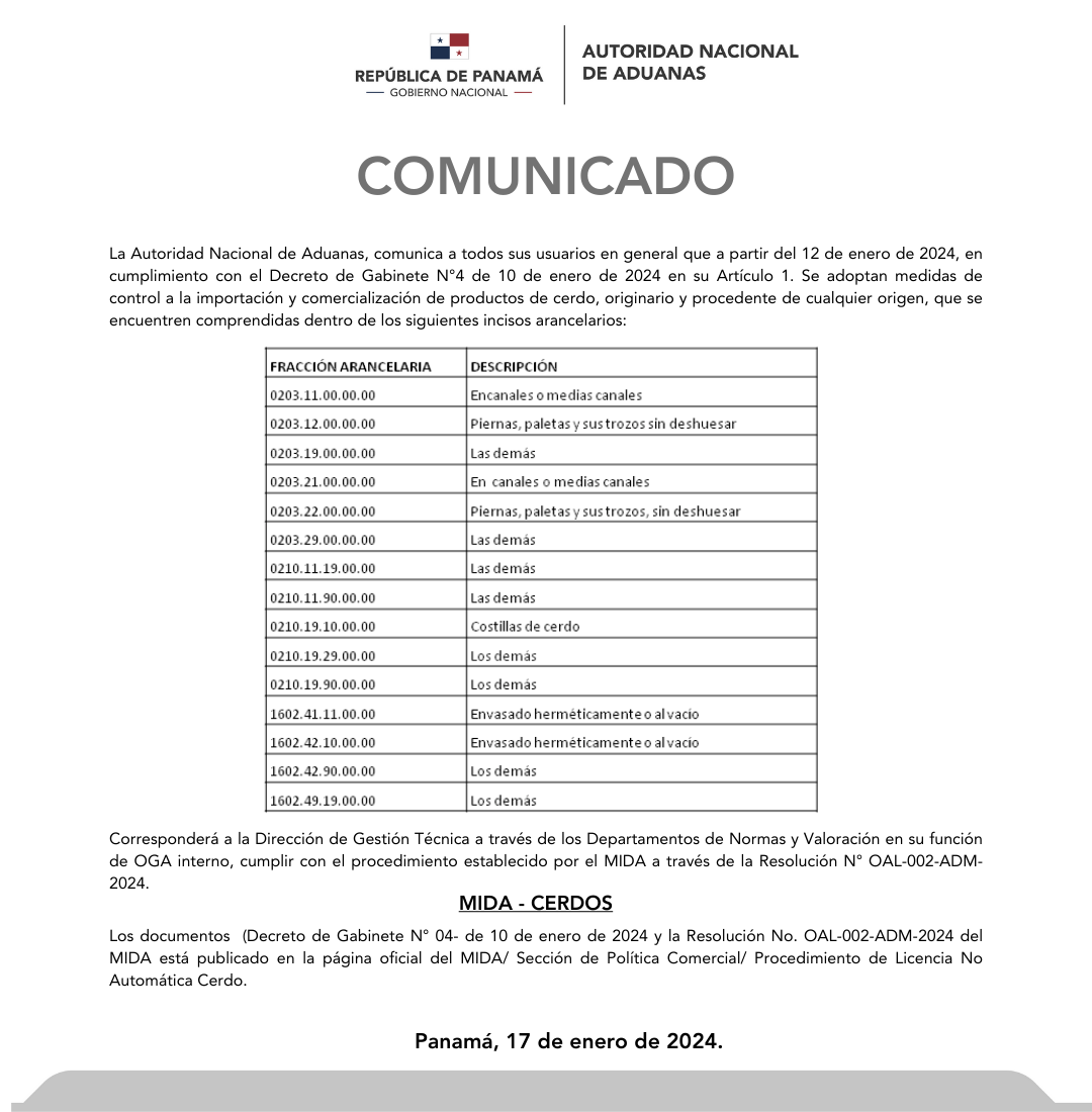 COMUNICADO ADUANAS TODOS cerdos