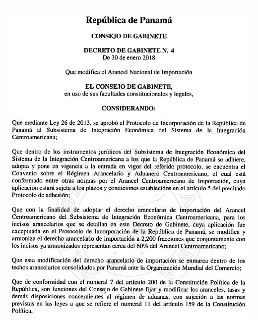 Decreto De Gabinete N 4 Del 30 De Enero Del 2018 Que Modifica El Arancel Nacional De Importacion