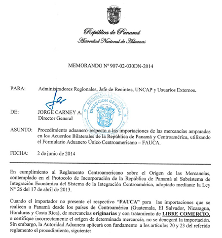 MEMORANDO N907-02-030DN-2014 Procedimiento Aduanero-FAUCA