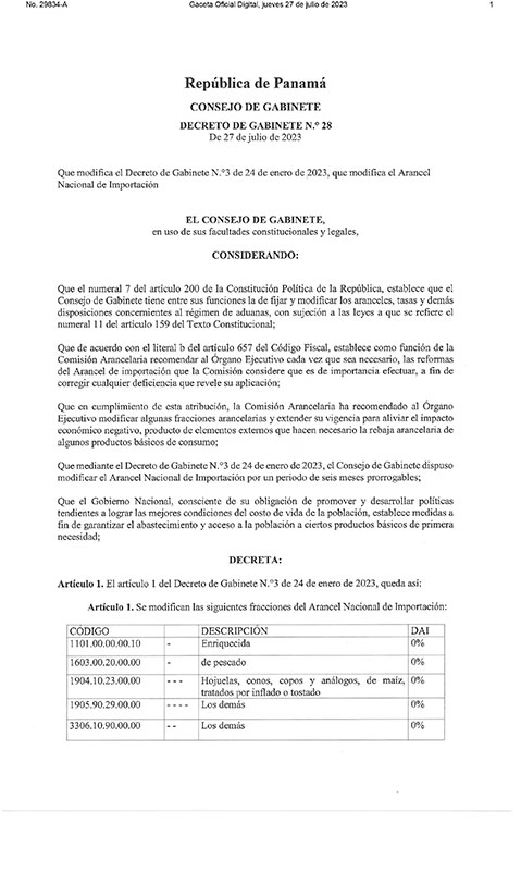 Decreto de Gabinete N° 28 del 27 de julio de 2023