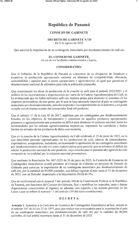 Decreto De Gabinete N 29_Que Autoriza La Importación De Un Contingente Arancelario Por Desabastecimiento De Café.
