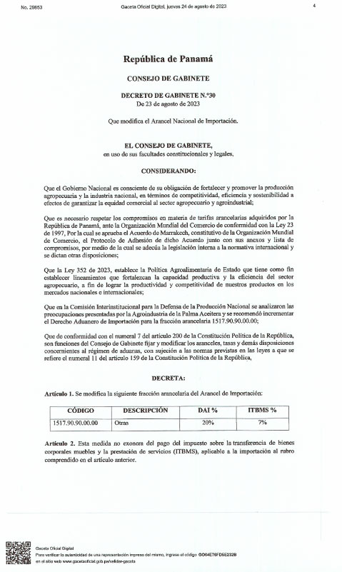 Decreto De Gabinete N° 30 del 23 de agosto de 2023