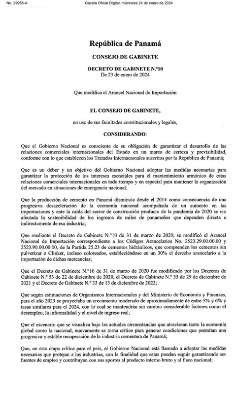 Decreto de Gabinete N° 10 de 23 de enero de 2024 referente que modifica el Arancel Nacional de Importación_ cemento.