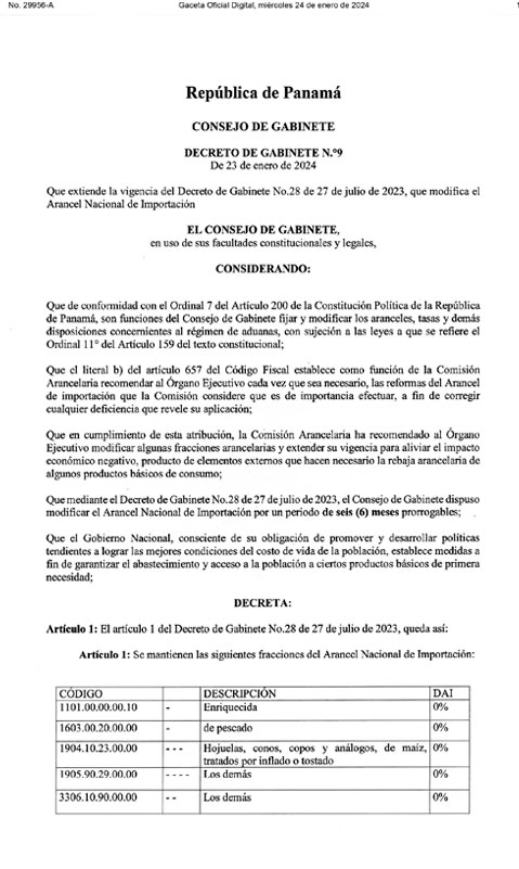  Decreto de Gabinete N° 9 de 23 de enero de 2024 referente que extiende la vigencia del Decreto de Gabinete N°28 de 27 de julio de 2023, que modifica el Arancel Nacional de Importación