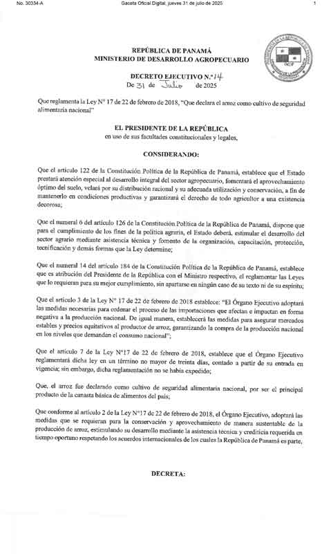 Decreto ejecutivo N° 14 de 31 de julio de 2025, Que Reglamenta La Ley N°17 De 22 De Febrero De 2018, Que Declara El Arroz Como Cultivo De Seguridad Alimentaria Nacional.