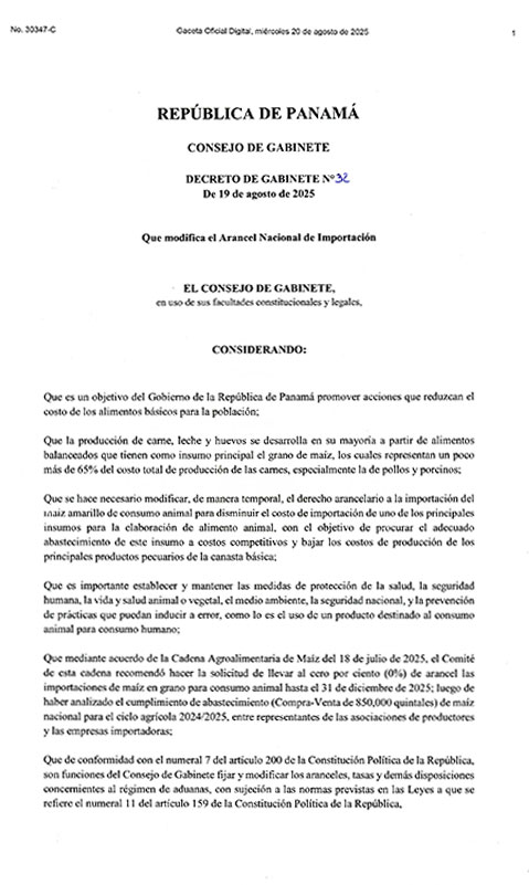 Decreto de Gabinete N° 32 del martes 19 de agosto de 2025, Que Modifica El Arancel Nacional De Importacion para el producto Maiz amarillo.