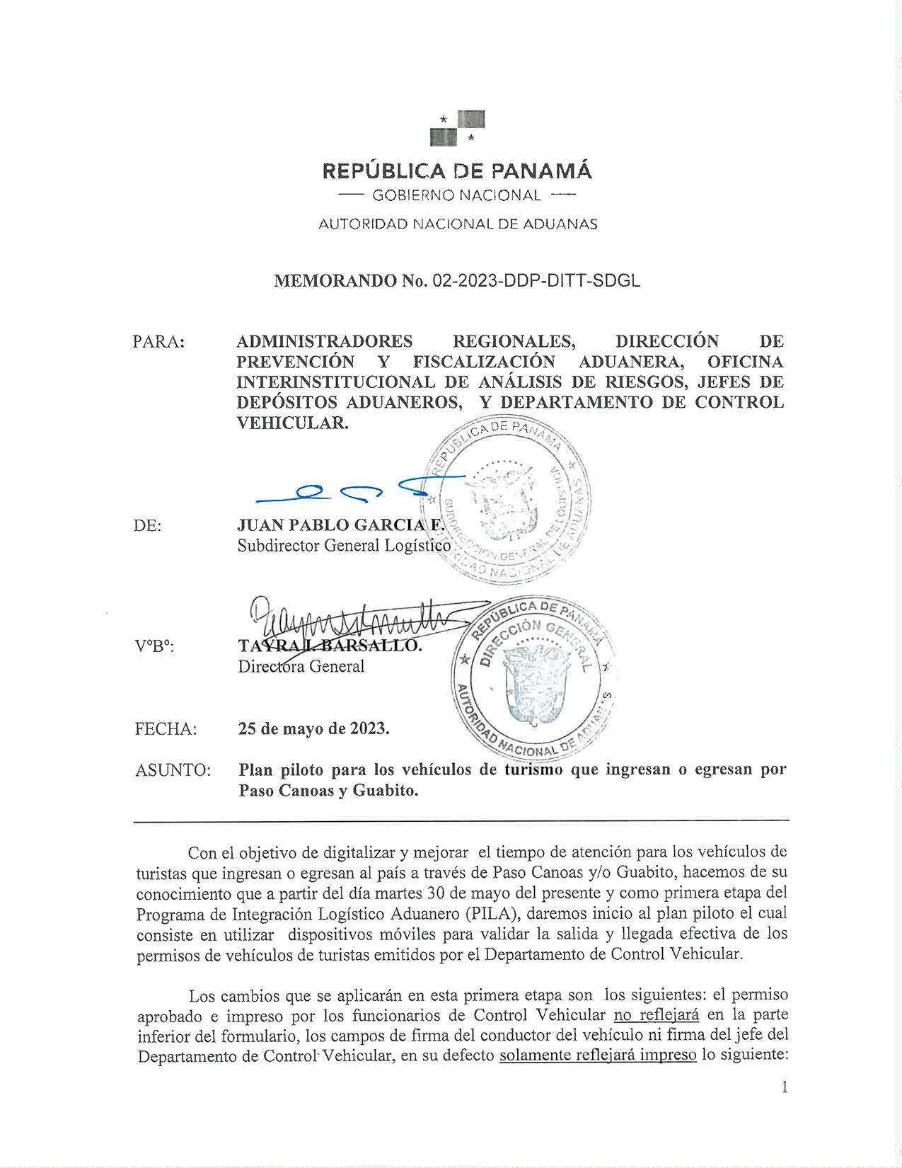 Plan Piloto para los Vehiculos de turismo que ingresan o egresa por paso canoas y guabito